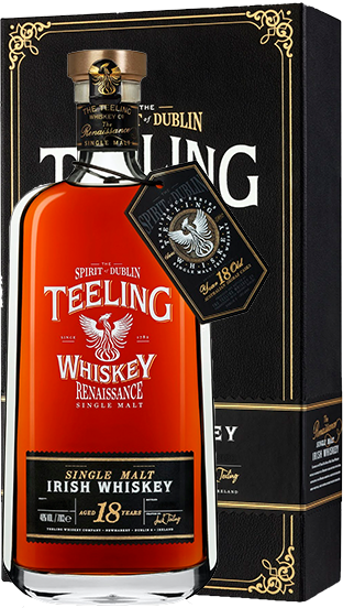 An image of a luxurious, outstanding Renaissance Series 18 Year Old Single Malt Irish Whiskey by Teeling next to its beautiful gift box