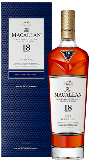 An image of a bottle of Macallan 18 Year Old Double Cask Single Malt Scotch Whisky 700ml next to its fine gift box