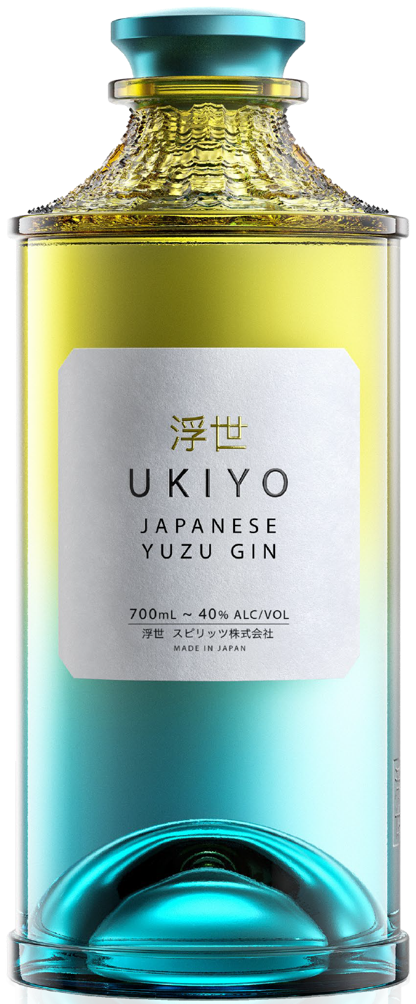 An image of a stunning bottle of UKIYO Japanese Yuzu Citrus Gin in its beautiful yellow and teal coloured bottle