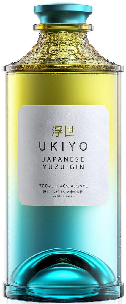 An image of a stunning bottle of UKIYO Japanese Yuzu Citrus Gin in its beautiful yellow and teal coloured bottle