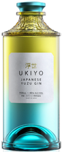 Load image into Gallery viewer, An image of a stunning bottle of UKIYO Japanese Yuzu Citrus Gin in its beautiful yellow and teal coloured bottle