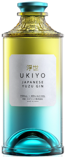 An image of a stunning bottle of UKIYO Japanese Yuzu Citrus Gin in its beautiful yellow and teal coloured bottle