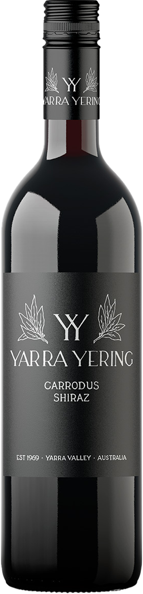 Bottle of Yarra Yering Carrodus Shiraz wine with a dark label and red text, indicating the variety and vintage.