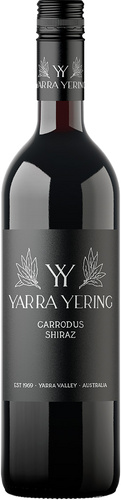 Bottle of Yarra Yering Carrodus Shiraz wine with a dark label and red text, indicating the variety and vintage.