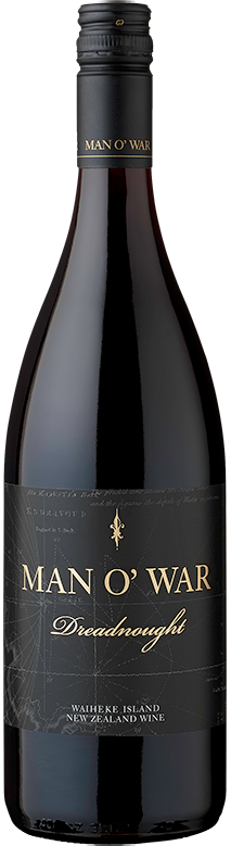 An image of a bottle of Man O War Dreadnought Waiheke Island Syrah, a Waiheke Island favourite red wine